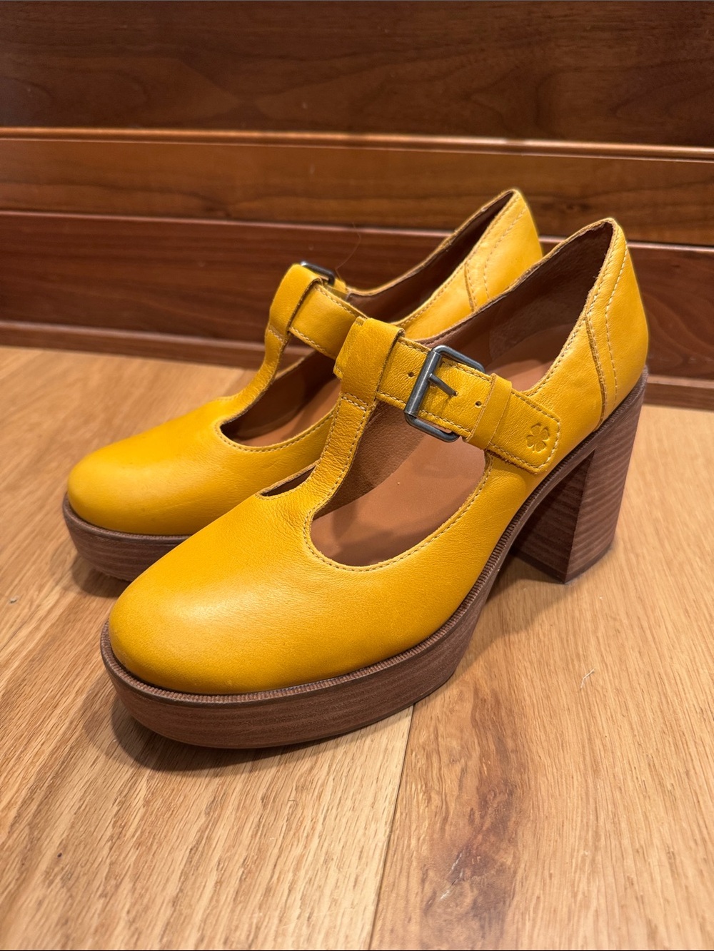 Lucky 🍀 Brand Yellow T-Strap Leather Platform Heels